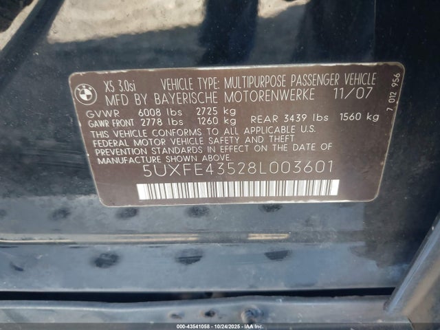 43541058 :رقم المزاد ، 5UXFE43528L003601 vin ، 2008 Bmw X5 3.0si مزاد بيع