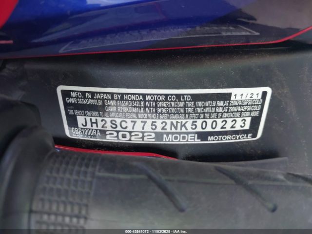 2022 HONDA CBR1000 JH2SC7752NK500223 Photo 9