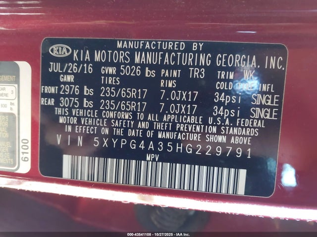 2017 KIA SORENTO 5XYPG4A35HG229791 Photo 8