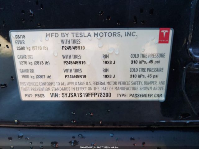 2015 TESLA MODEL S 5YJSA1S19FFP78390 Photo 8