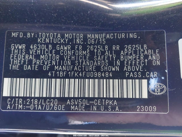 Toyota CAMRY XSE 2015 4T1BF1FK4FU098484 Image 9