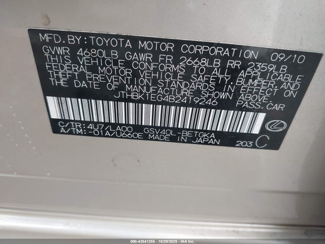 Aukcja sprzedaży 2011 Lexus Es 350, vin: JTHBK1EG4B2419246, numer aukcji: 43541255
