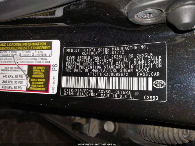2012 TOYOTA CAMRY 4T1BF1FKXCU089672 Photo 8