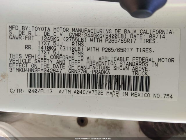 Toyota 1gr-fe 2015 3TMKU4HN2FM042647 Image 9