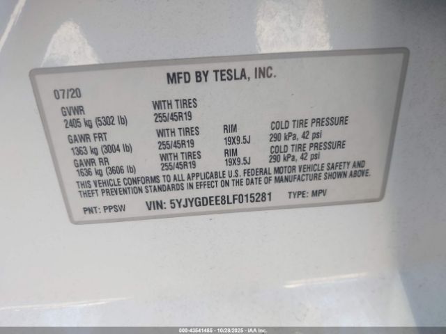 2020 TESLA MODEL Y 5YJYGDEE8LF015281 Photo 8
