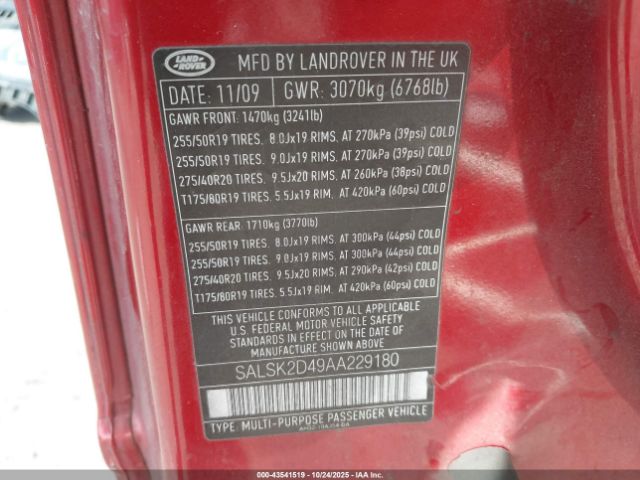 2010 LAND ROVER RANGE ROVER SPORT SALSK2D49AA229180 Photo 8