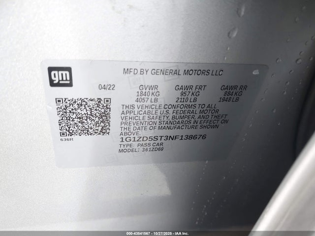 1G1ZD5ST3NF138676 Chevrolet Malibu Fwd Lt