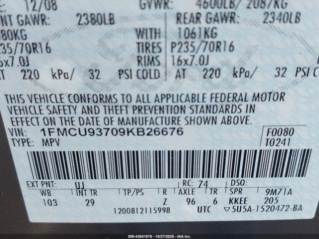 2009 FORD ESCAPE 1FMCU93709KB26676 Photo 8