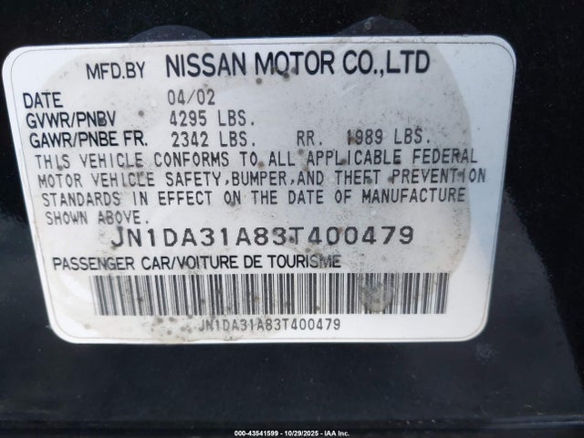 43541599 :رقم المزاد ، JN1DA31A83T400479 vin ، 2003 Nissan Maxima Gle مزاد بيع