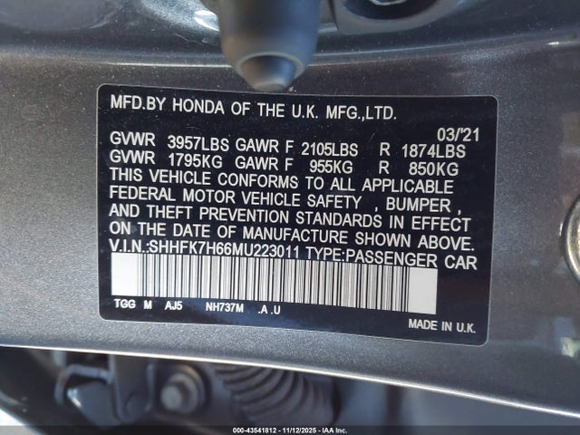 SHHFK7H66MU223011 Honda CIVIC EX