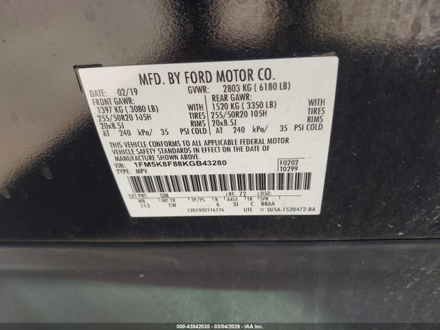 1FM5K8F88KGB43280 Ford Explorer Limited