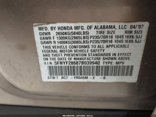 2007 HONDA PILOT 5FNYF28687B039940 Photo 8