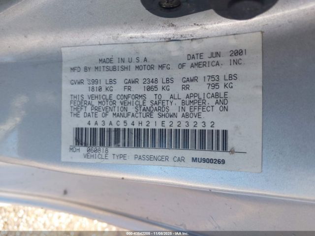 2001 MITSUBISHI ECLIPSE 4A3AC54H21E223232 Photo 8