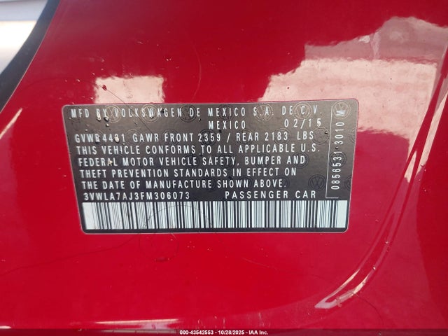 2015 Volkswagen Jetta 2.0l Tdi Se მანქანა იყიდება აუქციონზე, vin: 3VWLA7AJ3FM306073, აუქციონის ნომერი: 43542553