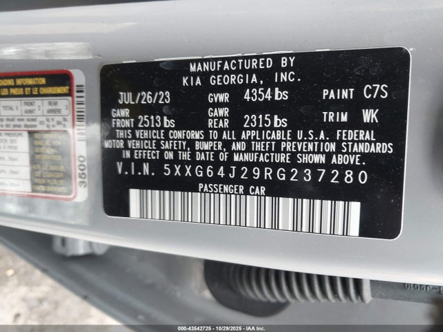 43542725 :رقم المزاد ، 5XXG64J29RG237280 vin ، 2024 Kia K5 Gt-line مزاد بيع