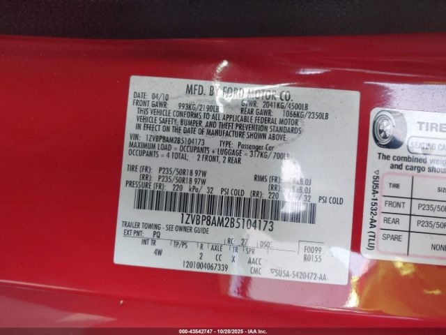 2011 FORD MUSTANG 1ZVBP8AM2B5104173 Photo 8