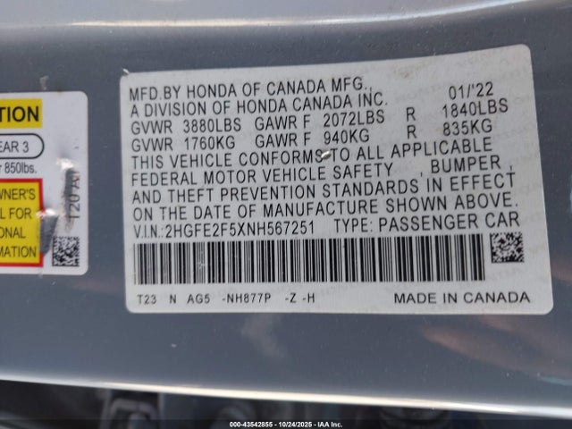 43542855 :رقم المزاد ، 2HGFE2F5XNH567251 vin ، 2022 Honda Civic Sport مزاد بيع