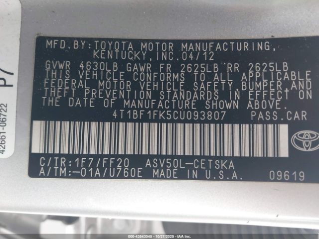 2012 TOYOTA CAMRY 4T1BF1FK5CU093807 Photo 8