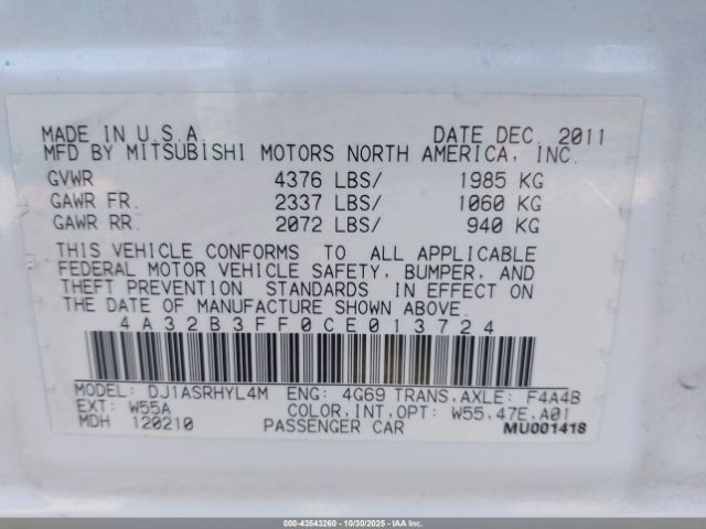 2012 MITSUBISHI GALANT 4A32B3FF0CE013724 Photo 8