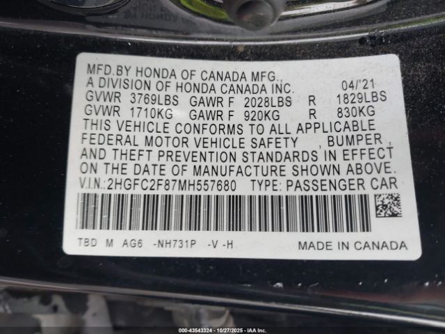 2021 HONDA CIVIC 2HGFC2F87MH557680 Photo 8