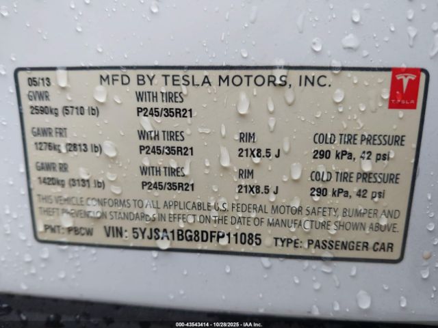 2013 TESLA MODEL S 5YJSA1BG8DFP11085 Photo 8