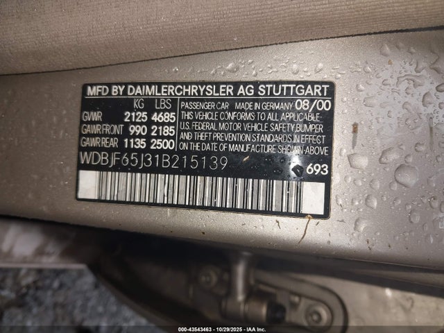 Auction sale of the 2001 Mercedes-benz E 320, vin: WDBJF65J31B215139, lot number: 43543463