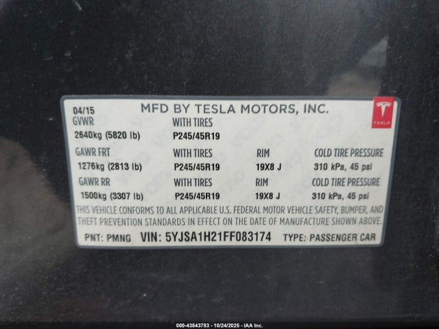 2015 TESLA MODEL S 5YJSA1H21FF083174 Photo 8