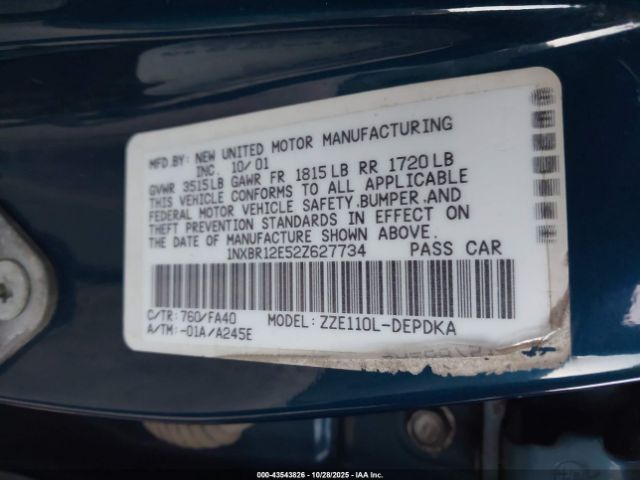 2002 TOYOTA COROLLA 1NXBR12E52Z627734 Photo 8