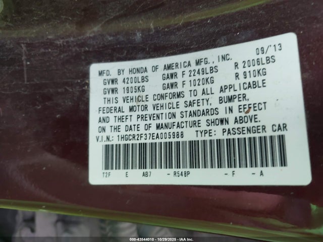 Aukcja sprzedaży 2014 Honda Accord Lx, vin: 1HGCR2F37EA005988, numer aukcji: 43544010
