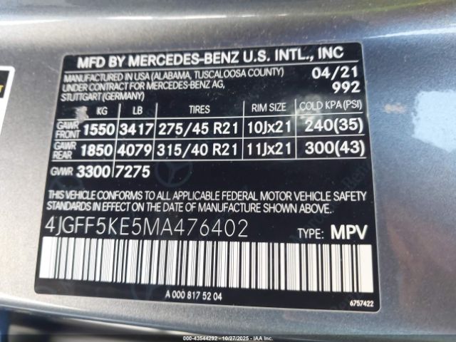 2021 MERCEDES-BENZ GLS 450 4JGFF5KE5MA476402 Photo 8