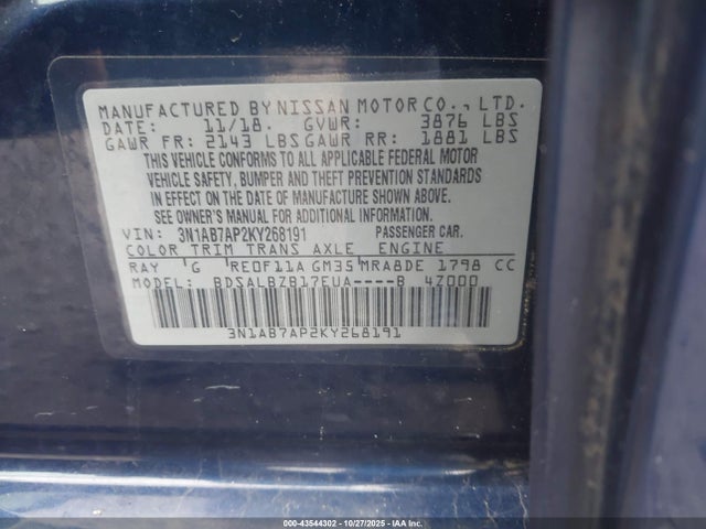 Продаж на аукціоні авто 2019 Nissan Sentra S, vin: 3N1AB7AP2KY268191, номер лоту: 43544302