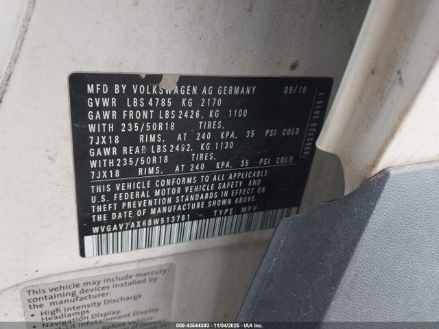 Aukcja sprzedaży 2011 Volkswagen Tiguan Se, vin: WVGAV7AX6BW513761, numer aukcji: 43544393