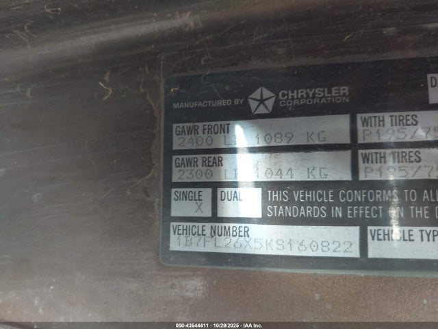 1989 DODGE DAKOTA 1B7FL26X5KS160822 Photo 8