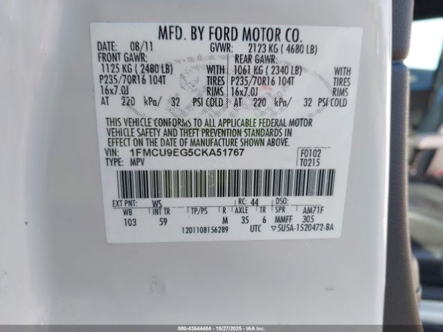2012 FORD ESCAPE 1FMCU9EG5CKA51767 Photo 8