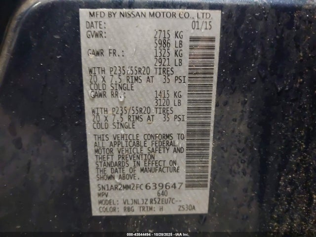 5N1AR2MM2FC639647 Nissan Pathfinder Platinum