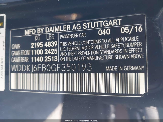 43544511 :رقم المزاد ، WDDKJ6FB0GF350193 vin ، 2016 Mercedes-benz E 400 مزاد بيع