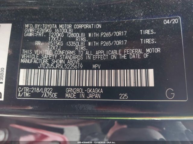 2020 TOYOTA 4RUNNER JTEZU5JR5L5225619 Photo 8