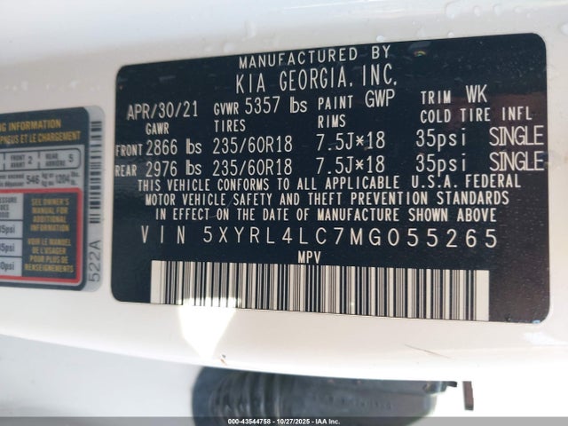 5XYRL4LC7MG055265 KIA SORENTO S