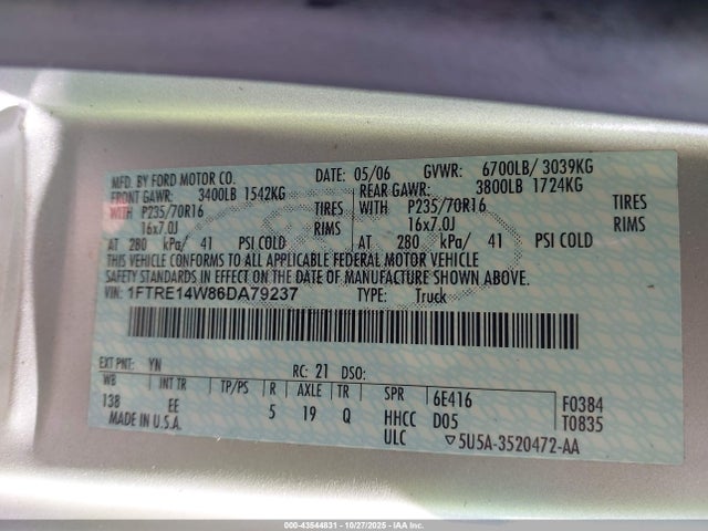 Продажа на аукционе авто 2006 Ford E-150 Commercial/recreational, vin: 1FTRE14W86DA79237, номер лота: 43544831