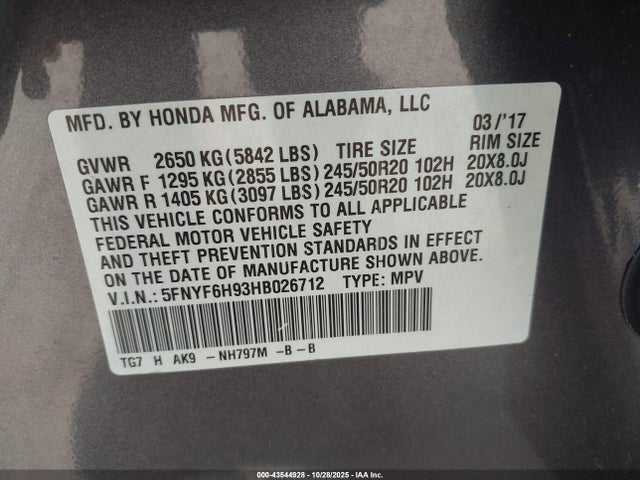 Honda Pilot Touring 2017 5FNYF6H93HB026712 Image 9