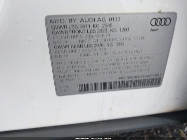 Продажа на аукционе авто 2013 Audi Q5 3.0t Premium Plus, vin: WA1DGAFP2DA055891, номер лота: 43545091