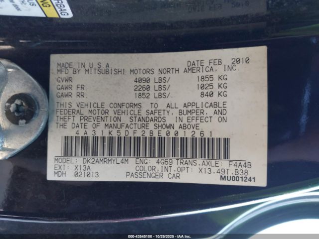 2011 MITSUBISHI ECLIPSE 4A31K5DF2BE001261 Photo 8