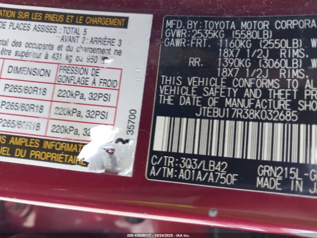 2008 TOYOTA 4RUNNER JTEBU17R38K032685 Photo 8