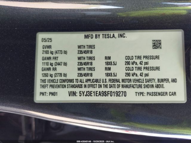 2025 TESLA MODEL 3 5YJ3E1EA9SF019270 Photo 8