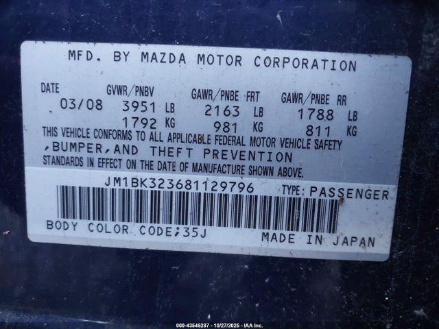 Aukcja sprzedaży 2008 Mazda Mazda3 S Grand Touring, vin: JM1BK323681129796, numer aukcji: 43545287