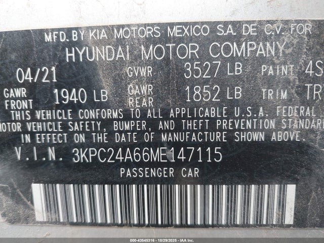 Продажа на аукционе авто 2021 Hyundai Accent Se, vin: 3KPC24A66ME147115, номер лота: 43545316