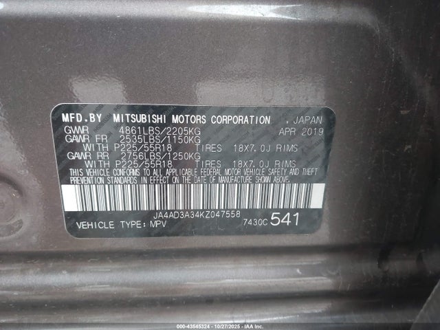 2019 MITSUBISHI OUTLANDER JA4AD3A34KZ047558 Photo 8