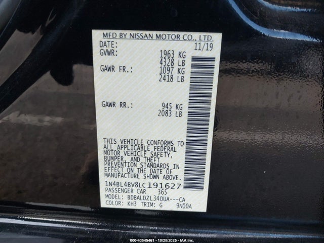 43545461 :رقم المزاد ، 1N4BL4BV8LC191627 vin ، 2020 Nissan Altima S Fwd مزاد بيع