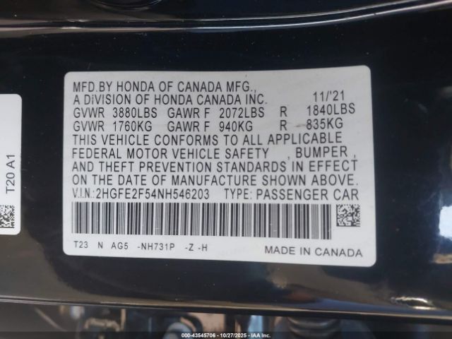 2022 HONDA CIVIC 2HGFE2F54NH546203 Photo 8