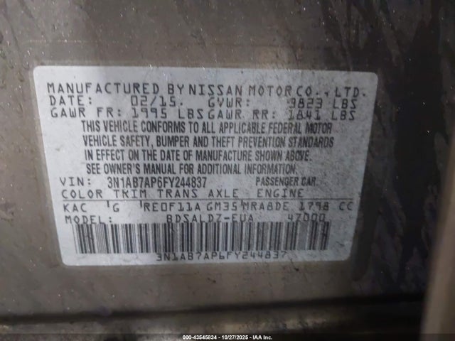 Aukcja sprzedaży 2015 Nissan Sentra Fe+ S/s/sl/sr/sv, vin: 3N1AB7AP6FY244837, numer aukcji: 43545834